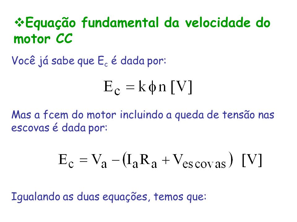 Equação fundamental da velocidade do motor CC