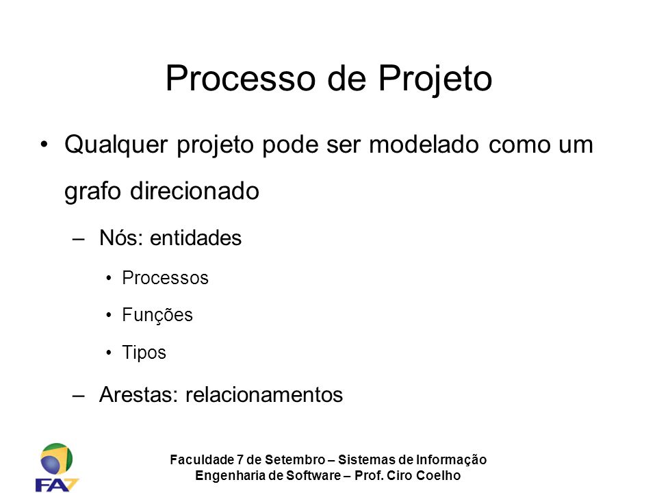 Processo de Projeto Qualquer projeto pode ser modelado como um grafo direcionado. Nós: entidades. Processos.