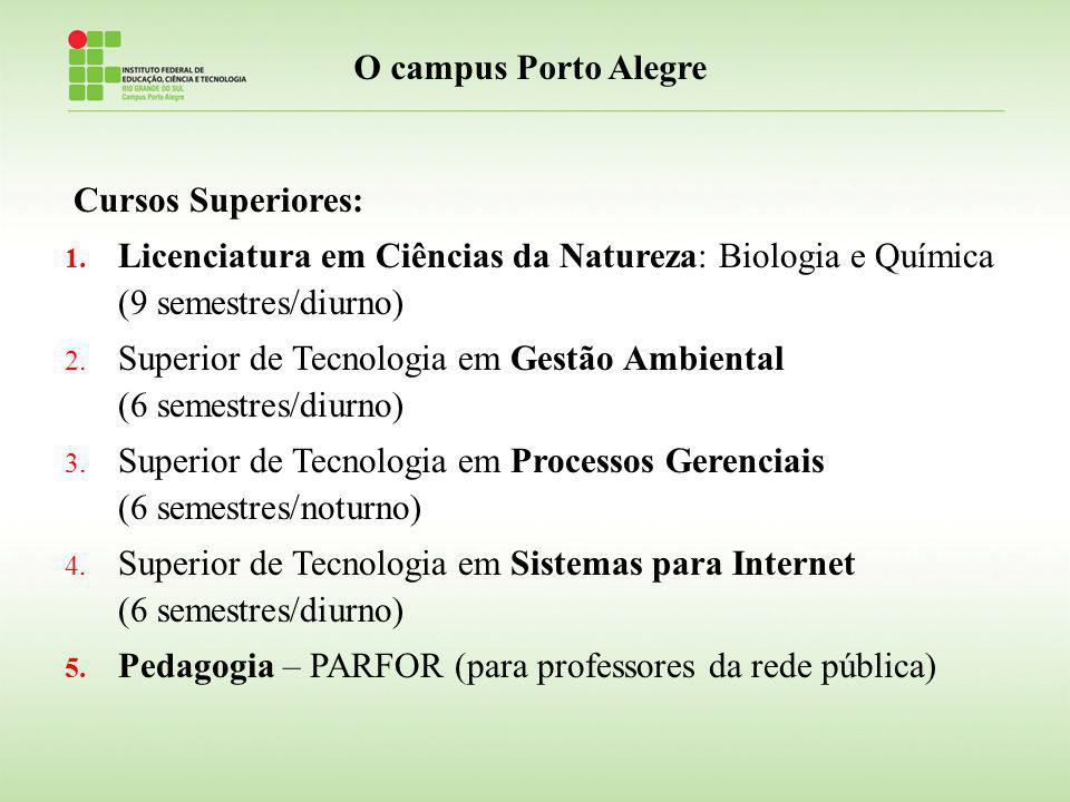 O campus Porto Alegre Cursos Superiores: Licenciatura em Ciências da Natureza: Biologia e Química (9 semestres/diurno)