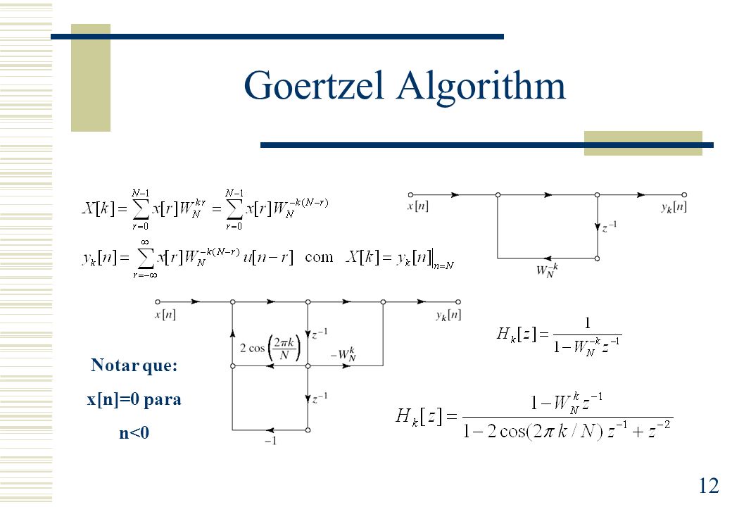 Goertzel Algorithm Notar que: x[n]=0 para n<0