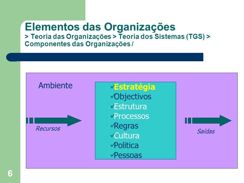 Elementos das Organizações > Teoria das Organizações > Teoria dos Sistemas (TGS) > Componentes das Organizações /