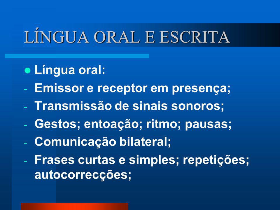 LÍNGUA ORAL E ESCRITA Língua oral: Emissor e receptor em presença;