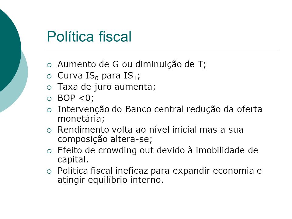 Política fiscal Aumento de G ou diminuição de T; Curva IS0 para IS1;