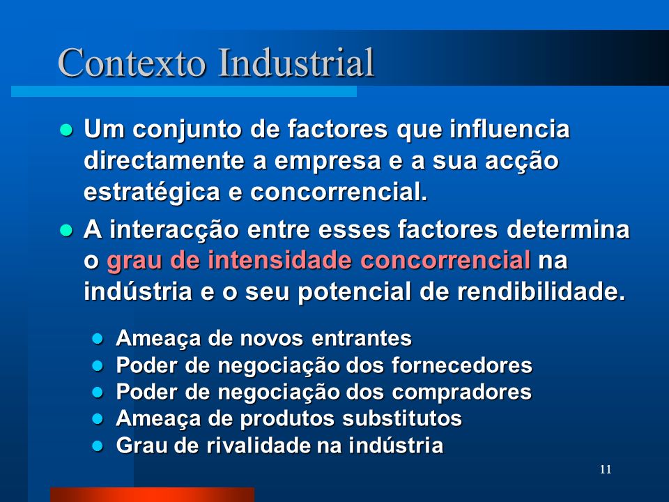 Contexto Industrial Um conjunto de factores que influencia directamente a empresa e a sua acção estratégica e concorrencial.