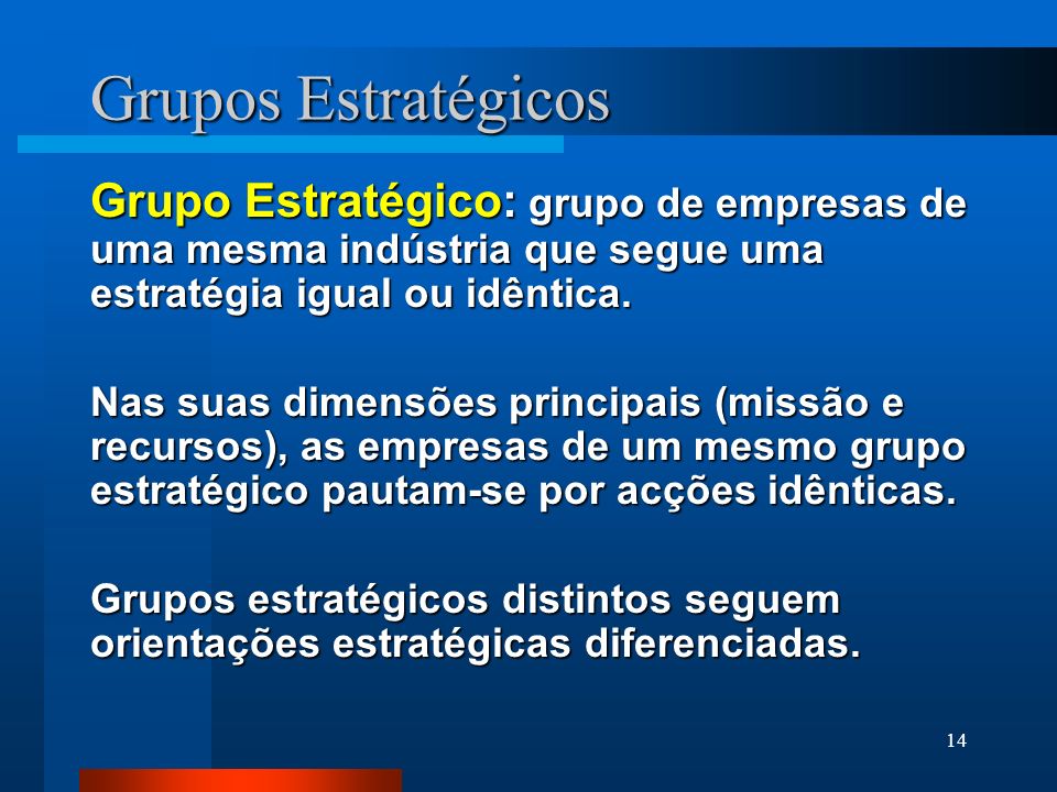 Grupos Estratégicos Grupo Estratégico: grupo de empresas de uma mesma indústria que segue uma estratégia igual ou idêntica.