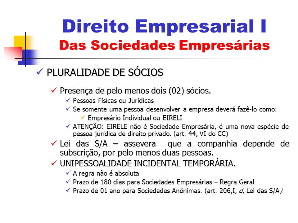 Direito Empresarial I Das Sociedades Empresárias