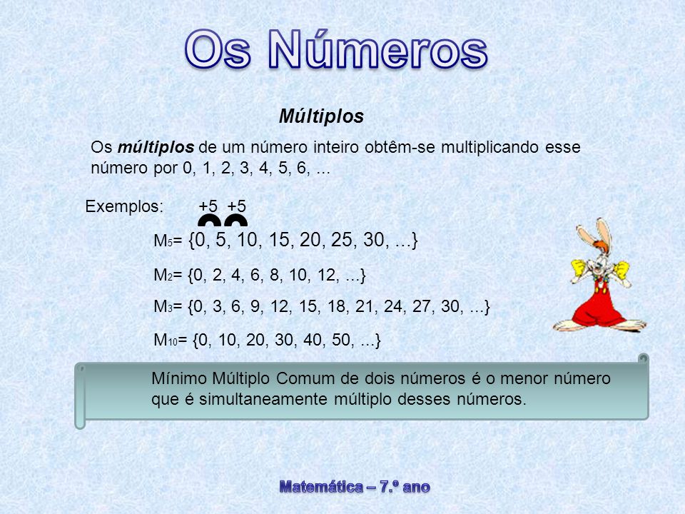 Múltiplos Os múltiplos de um número inteiro obtêm-se multiplicando esse número por 0, 1, 2, 3, 4, 5, 6, ...