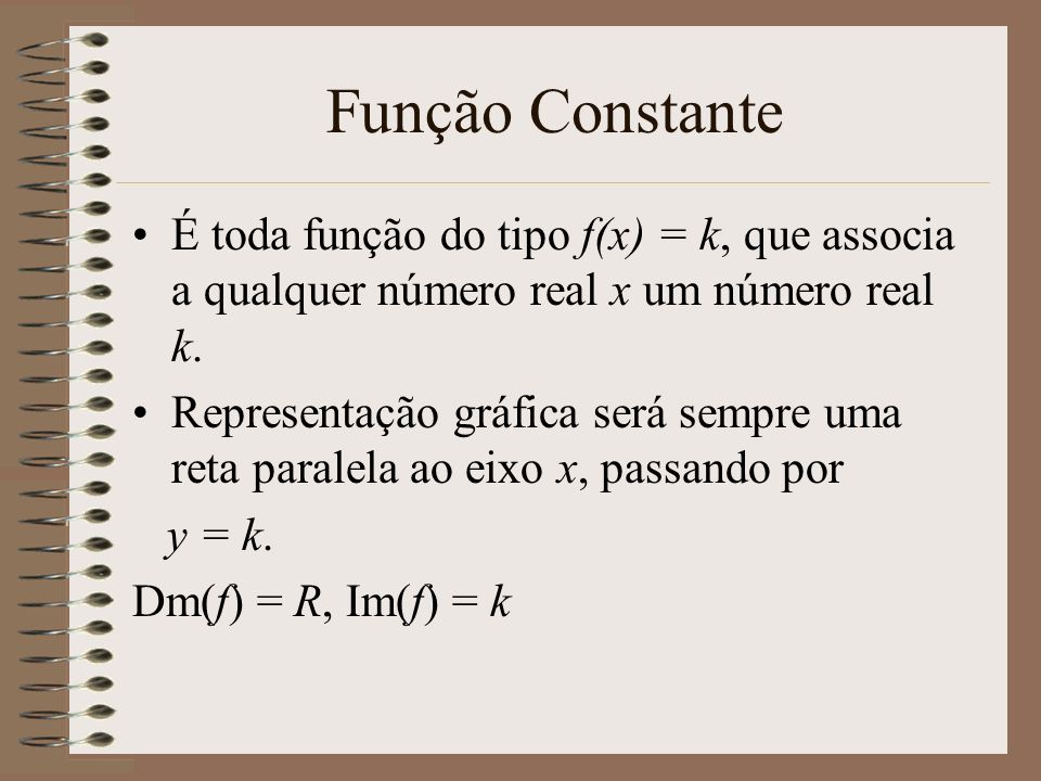 Função Constante É toda função do tipo f(x) = k, que associa a qualquer número real x um número real k.
