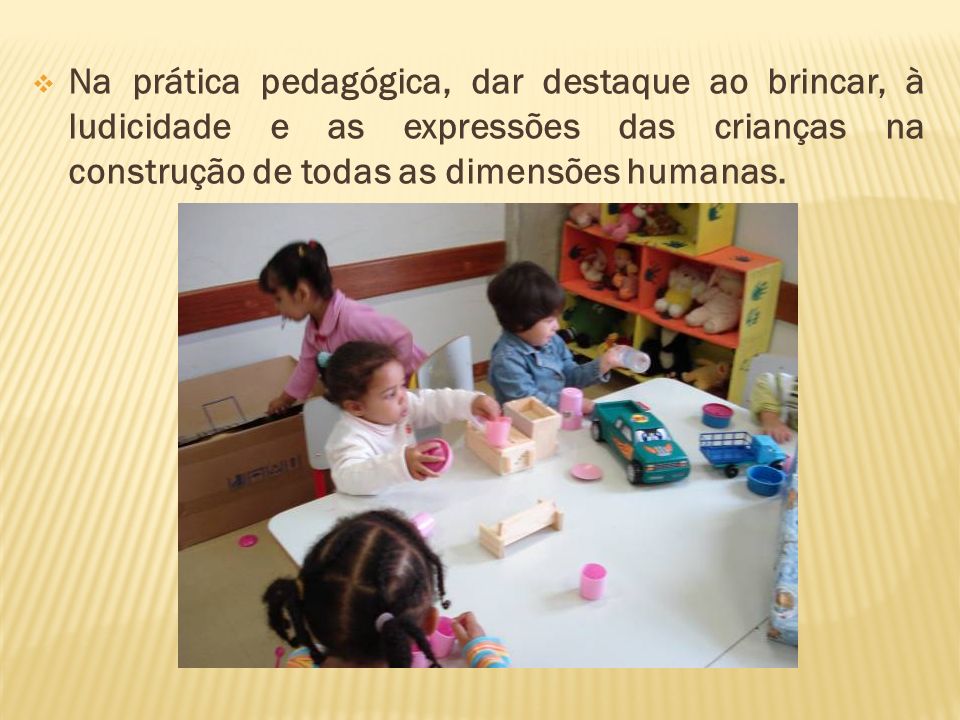 Na prática pedagógica, dar destaque ao brincar, à ludicidade e as expressões das crianças na construção de todas as dimensões humanas.