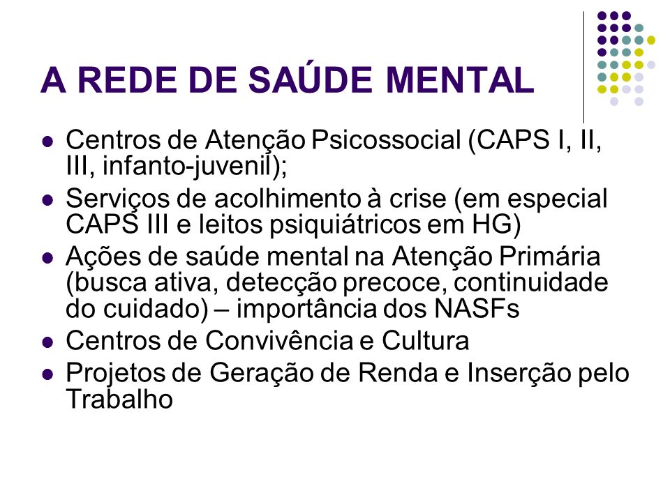 A REDE DE SAÚDE MENTAL Centros de Atenção Psicossocial (CAPS I, II, III, infanto-juvenil);