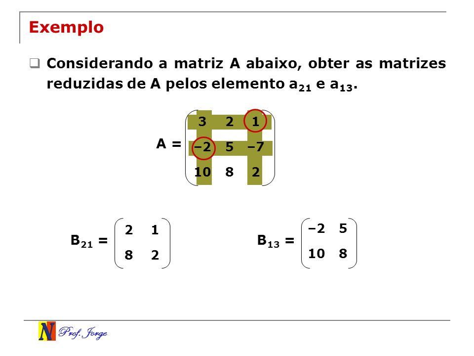 Exemplo Considerando a matriz A abaixo, obter as matrizes reduzidas de A pelos elemento a21 e a