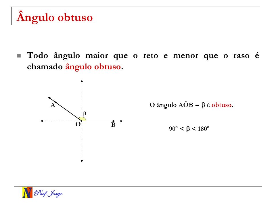 Ângulo obtuso Todo ângulo maior que o reto e menor que o raso é chamado ângulo obtuso. A. O ângulo AÔB =  é obtuso.