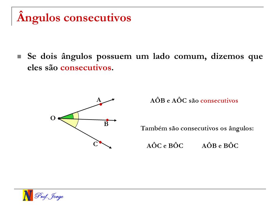 Ângulos consecutivos Se dois ângulos possuem um lado comum, dizemos que eles são consecutivos. A. AÔB e AÔC são consecutivos.