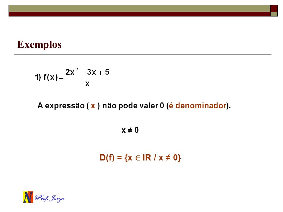 Exemplos D(f) = {x ∈ IR / x ≠ 0}