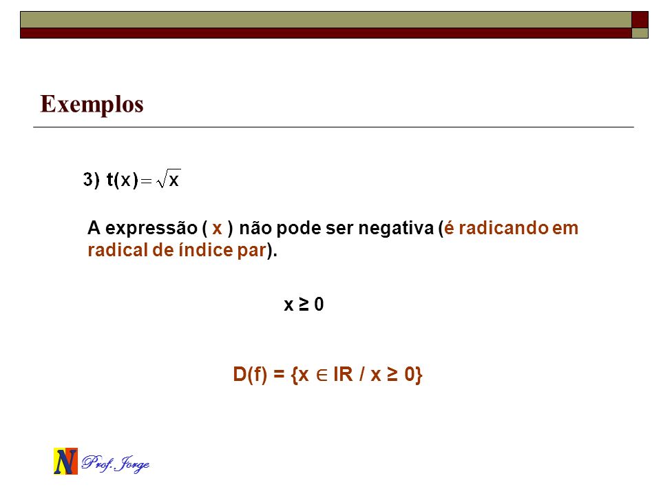 Exemplos D(f) = {x ∈ IR / x ≥ 0}