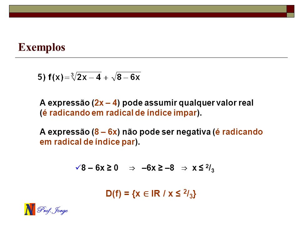 Exemplos D(f) = {x ∈ IR / x ≤ 2/3}