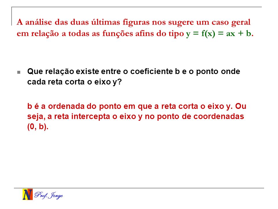 A análise das duas últimas figuras nos sugere um caso geral em relação a todas as funções afins do tipo y = f(x) = ax + b.