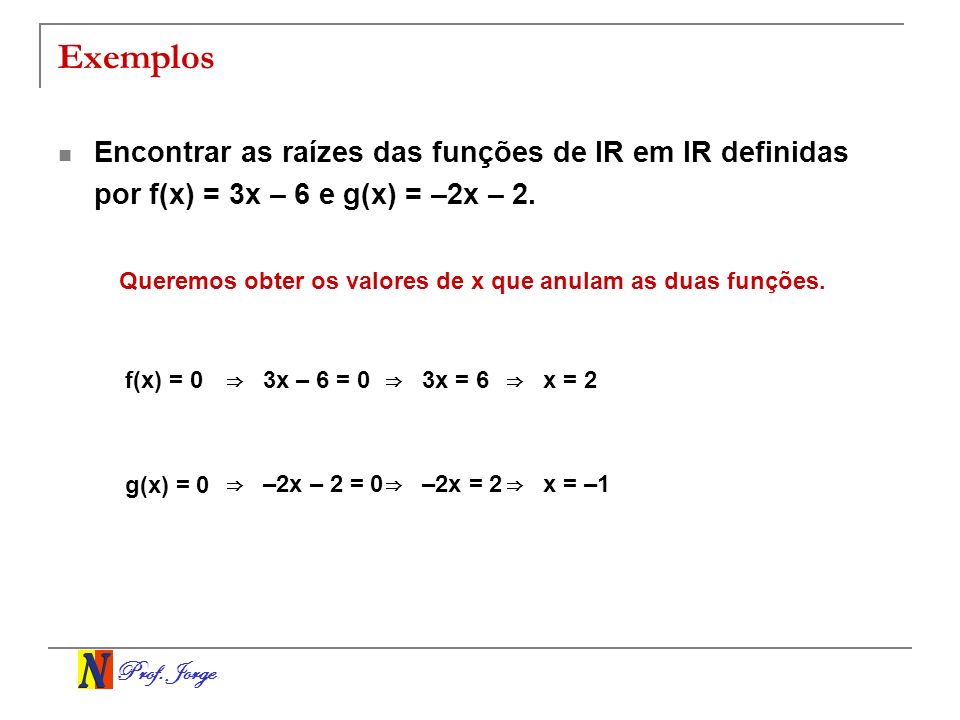 Exemplos Encontrar as raízes das funções de IR em IR definidas por f(x) = 3x – 6 e g(x) = –2x – 2.