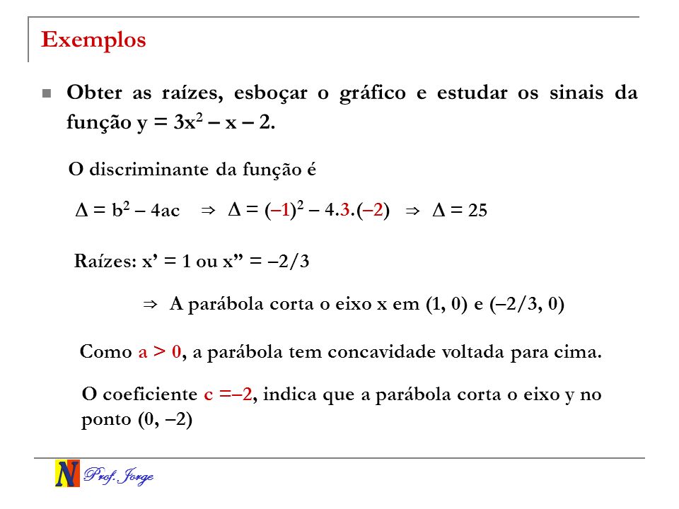 Exemplos Obter as raízes, esboçar o gráfico e estudar os sinais da função y = 3x2 – x – 2. O discriminante da função é.