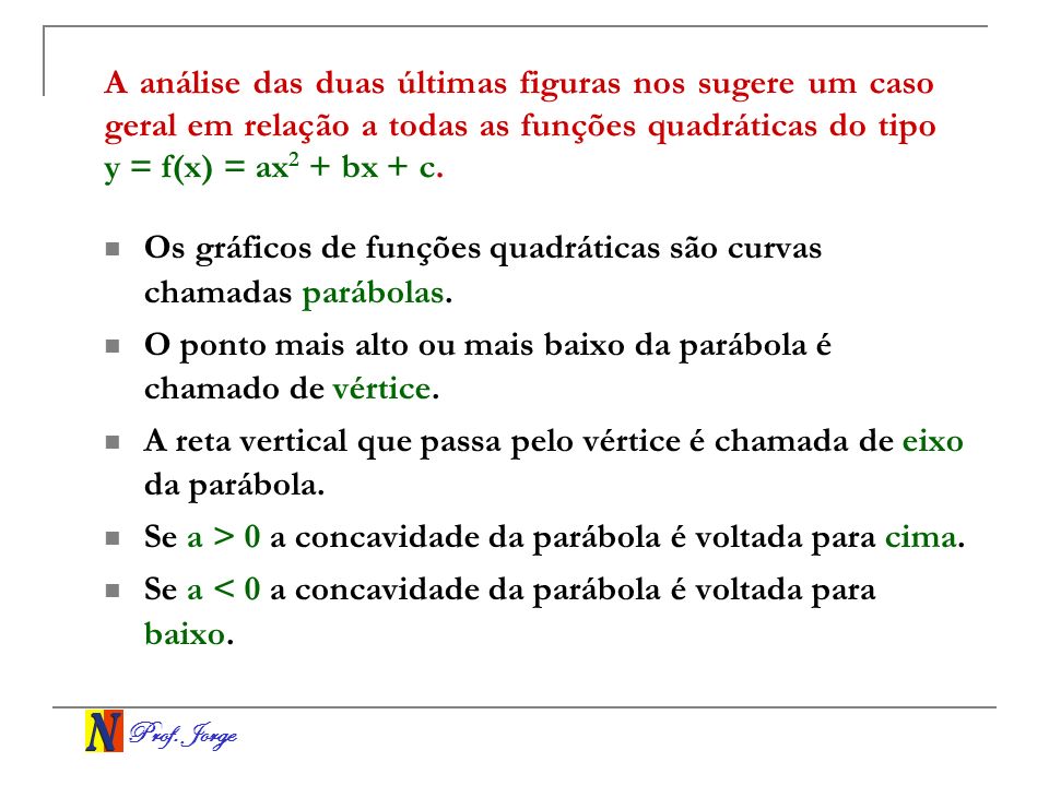 A análise das duas últimas figuras nos sugere um caso geral em relação a todas as funções quadráticas do tipo y = f(x) = ax2 + bx + c.
