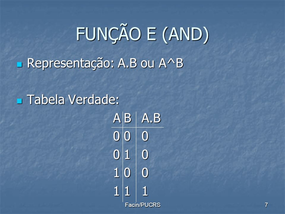 FUNÇÃO E (AND) Representação: A.B ou A^B Tabela Verdade: A B A.B 0 0 0
