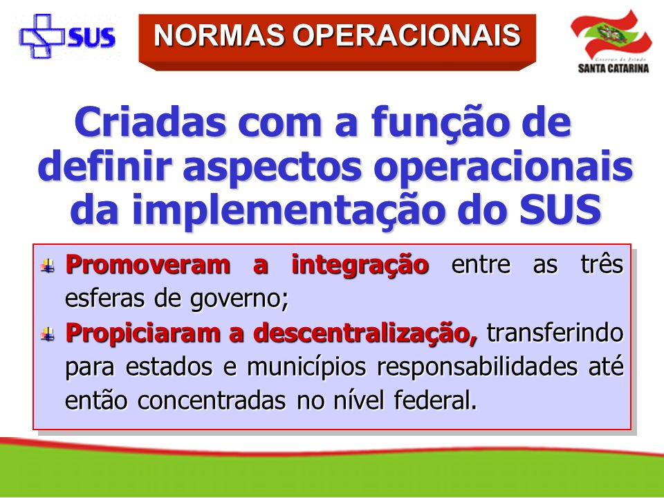 NORMAS OPERACIONAIS Criadas com a função de definir aspectos operacionais da implementação do SUS.