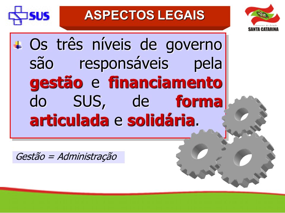 ASPECTOS LEGAIS Os três níveis de governo são responsáveis pela gestão e financiamento do SUS, de forma articulada e solidária.