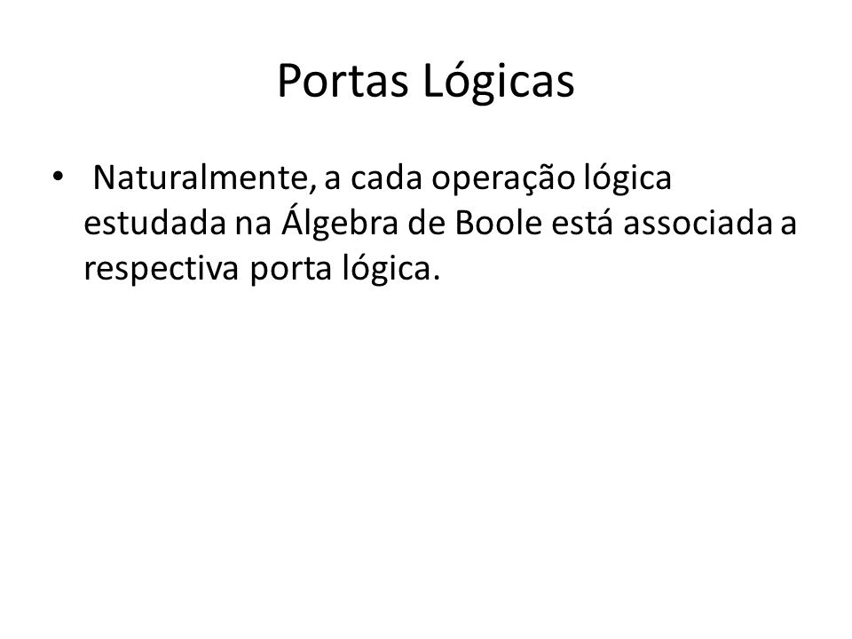 Portas Lógicas Naturalmente, a cada operação lógica estudada na Álgebra de Boole está associada a respectiva porta lógica.