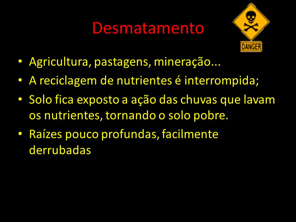 Desmatamento Agricultura, pastagens, mineração...