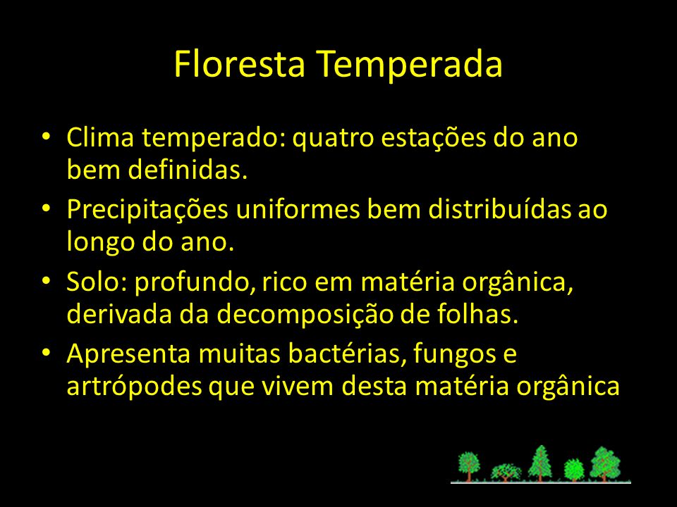 Floresta Temperada Clima temperado: quatro estações do ano bem definidas. Precipitações uniformes bem distribuídas ao longo do ano.