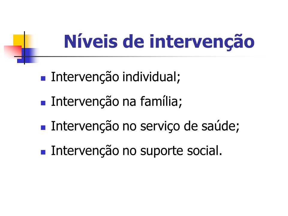 Níveis de intervenção Intervenção individual; Intervenção na família;