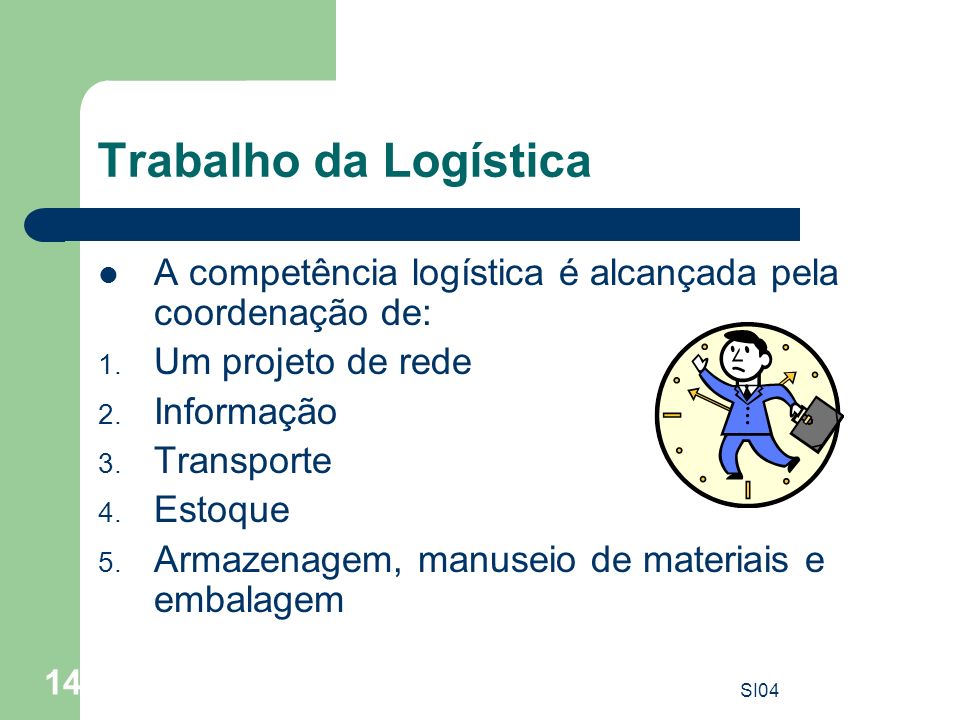 Trabalho da Logística A competência logística é alcançada pela coordenação de: Um projeto de rede.