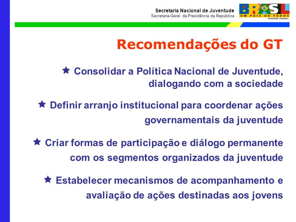 Recomendações do GT  Consolidar a Política Nacional de Juventude, dialogando com a sociedade.