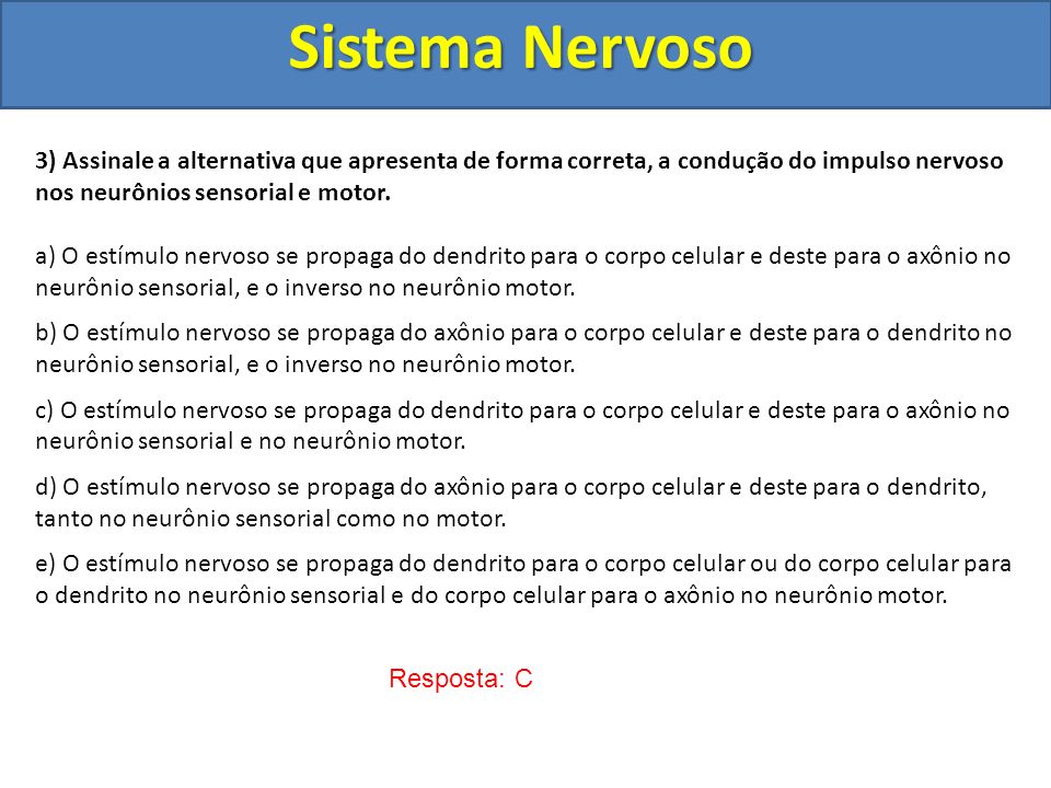 Sistema Nervoso 3) Assinale a alternativa que apresenta de forma correta, a condução do impulso nervoso nos neurônios sensorial e motor.