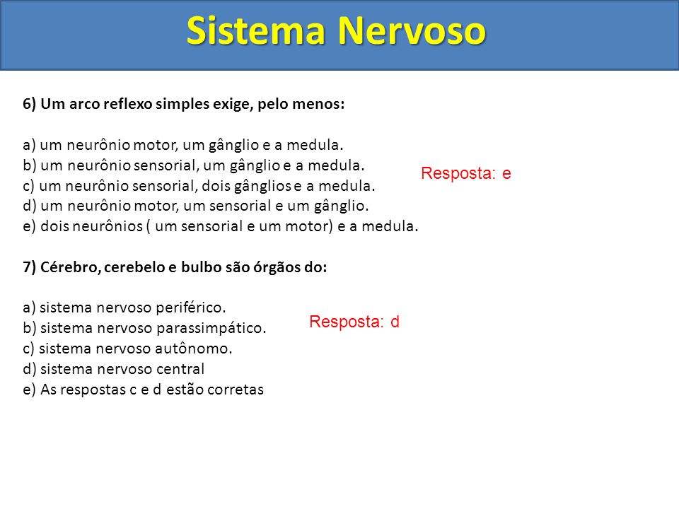 Sistema Nervoso 6) Um arco reflexo simples exige, pelo menos: