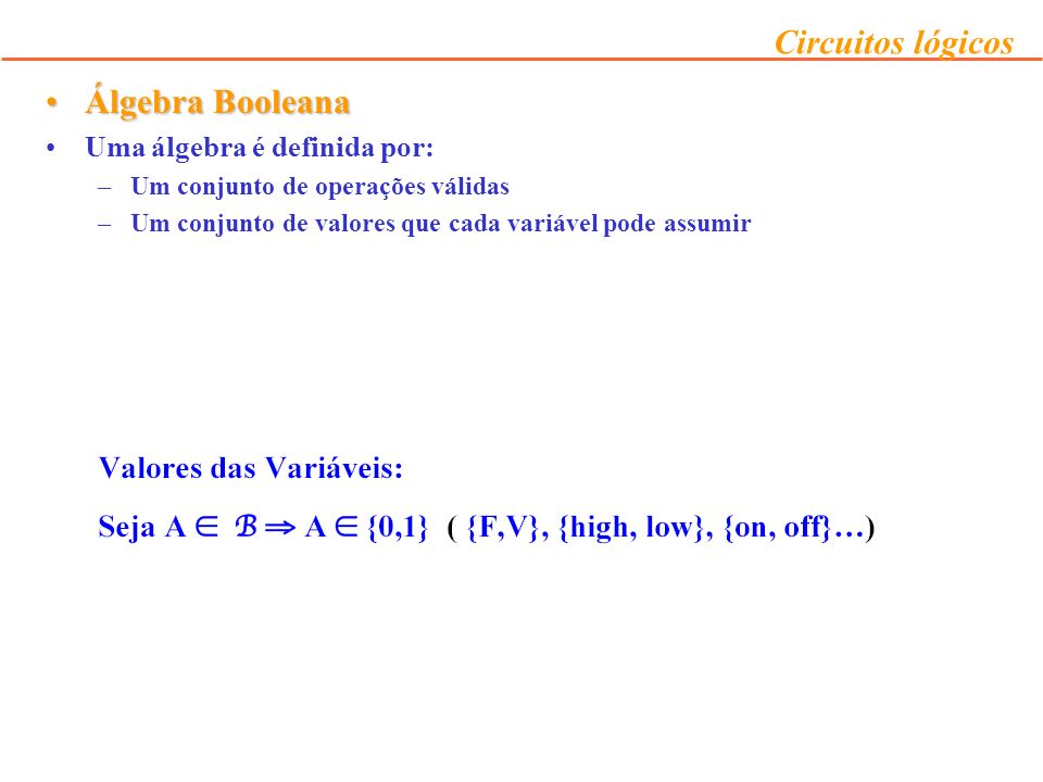 Álgebra Booleana Uma álgebra é definida por: