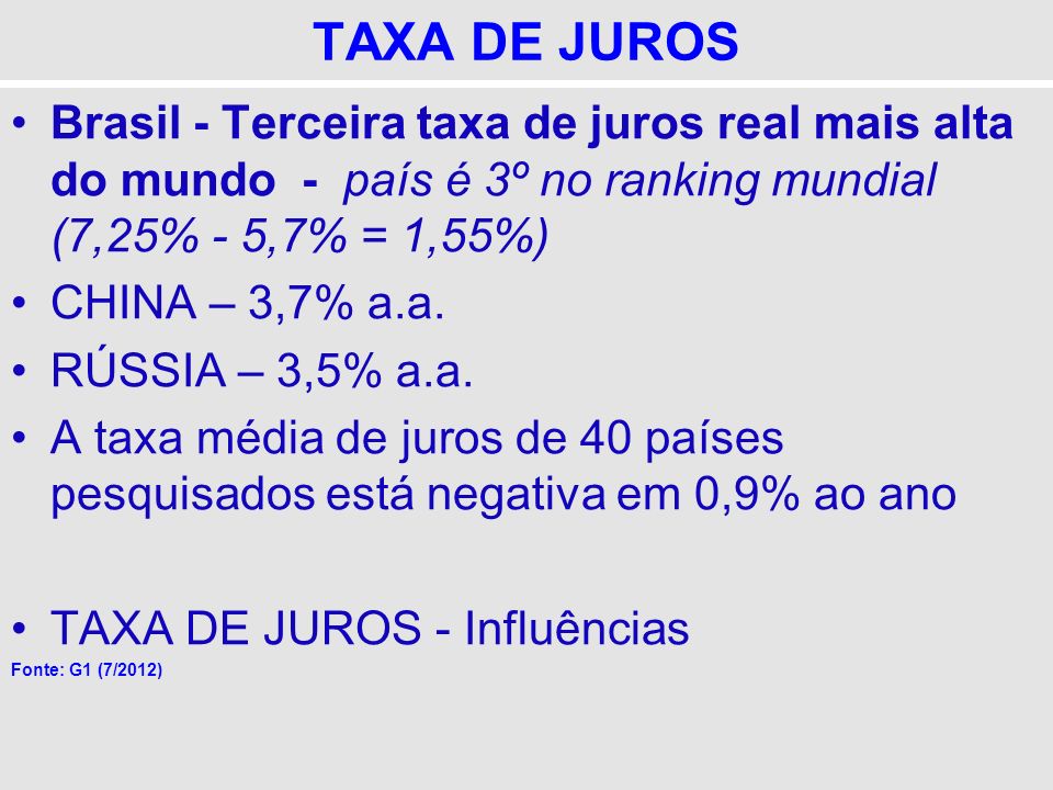TAXA DE JUROS Brasil - Terceira taxa de juros real mais alta do mundo - país é 3º no ranking mundial (7,25% - 5,7% = 1,55%)