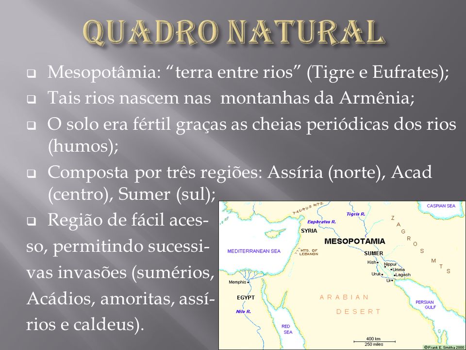 Quadro Natural Mesopotâmia: terra entre rios (Tigre e Eufrates);