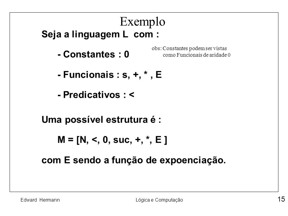 Exemplo Seja a linguagem L com : - Constantes : 0