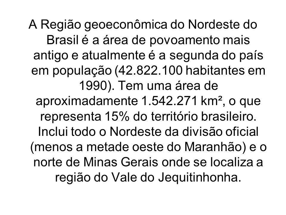 A Região geoeconômica do Nordeste do Brasil é a área de povoamento mais antigo e atualmente é a segunda do país em população ( habitantes em 1990).