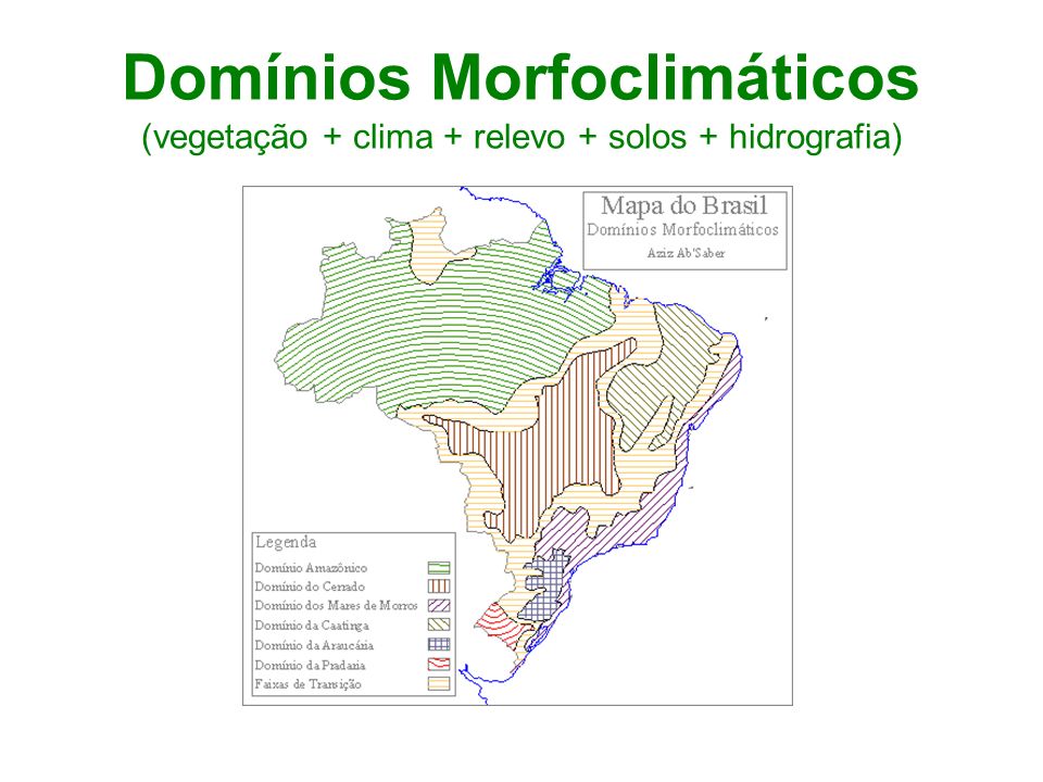 Domínios Morfoclimáticos (vegetação + clima + relevo + solos + hidrografia)
