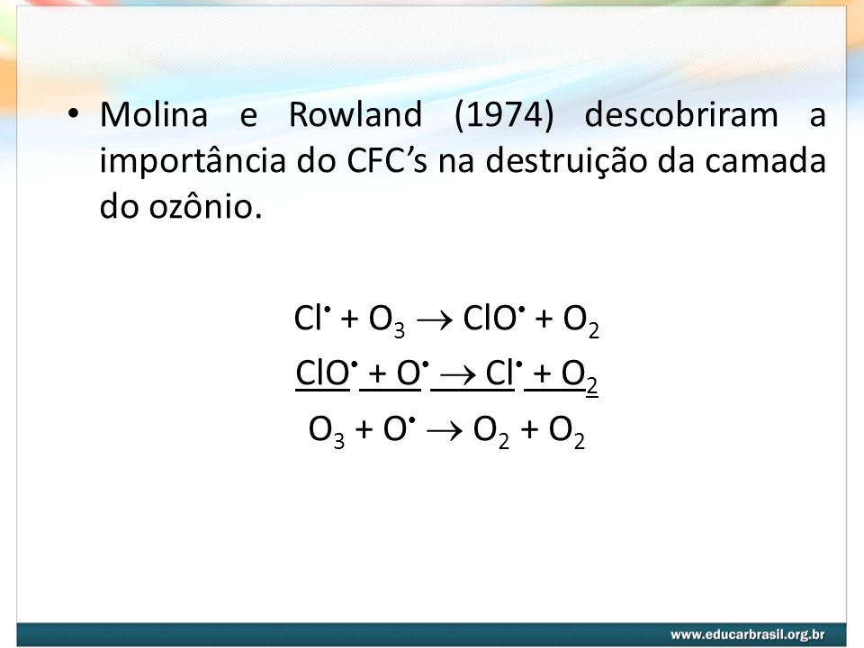 Molina e Rowland (1974) descobriram a importância do CFC’s na destruição da camada do ozônio.
