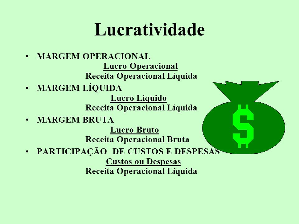 Lucratividade MARGEM OPERACIONAL Lucro Operacional Receita Operacional Líquida.