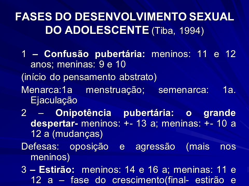 FASES DO DESENVOLVIMENTO SEXUAL DO ADOLESCENTE (Tiba, 1994)