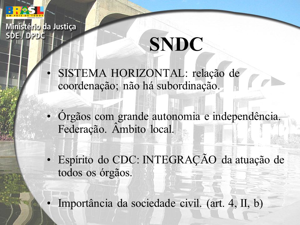 SNDC SISTEMA HORIZONTAL: relação de coordenação; não há subordinação.