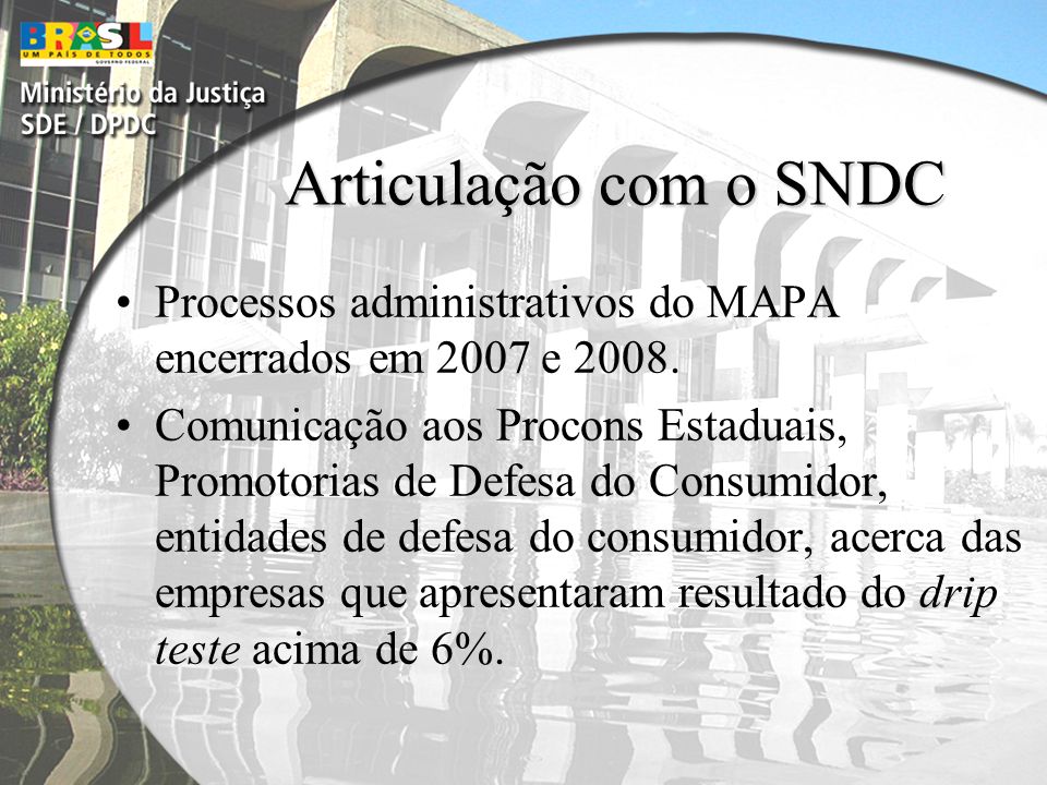 Articulação com o SNDC Processos administrativos do MAPA encerrados em 2007 e