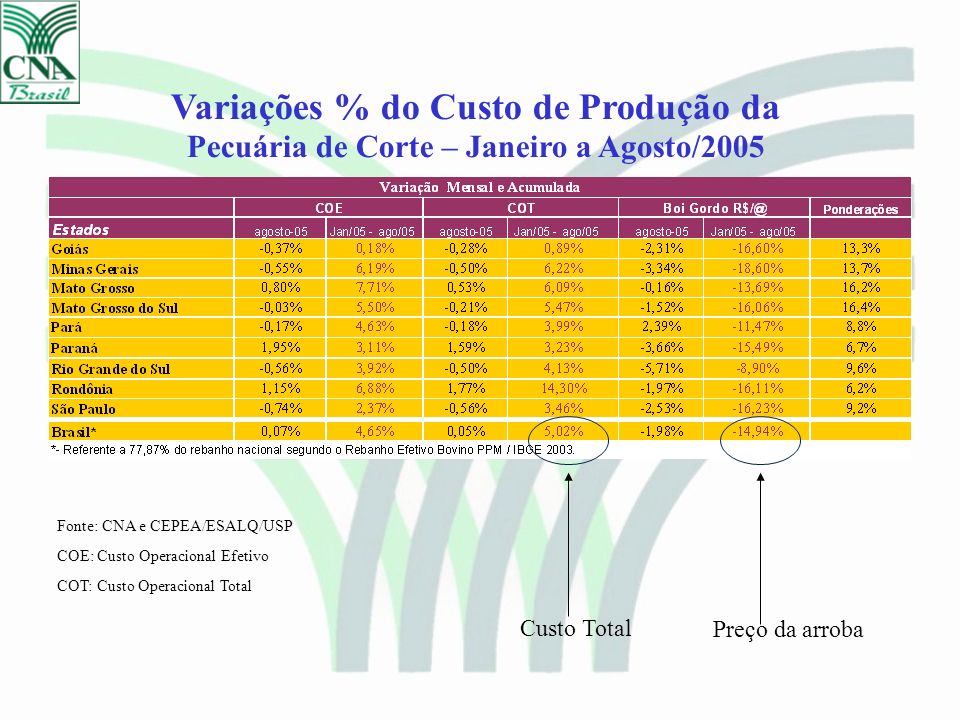 Variações % do Custo de Produção da Pecuária de Corte – Janeiro a Agosto/2005