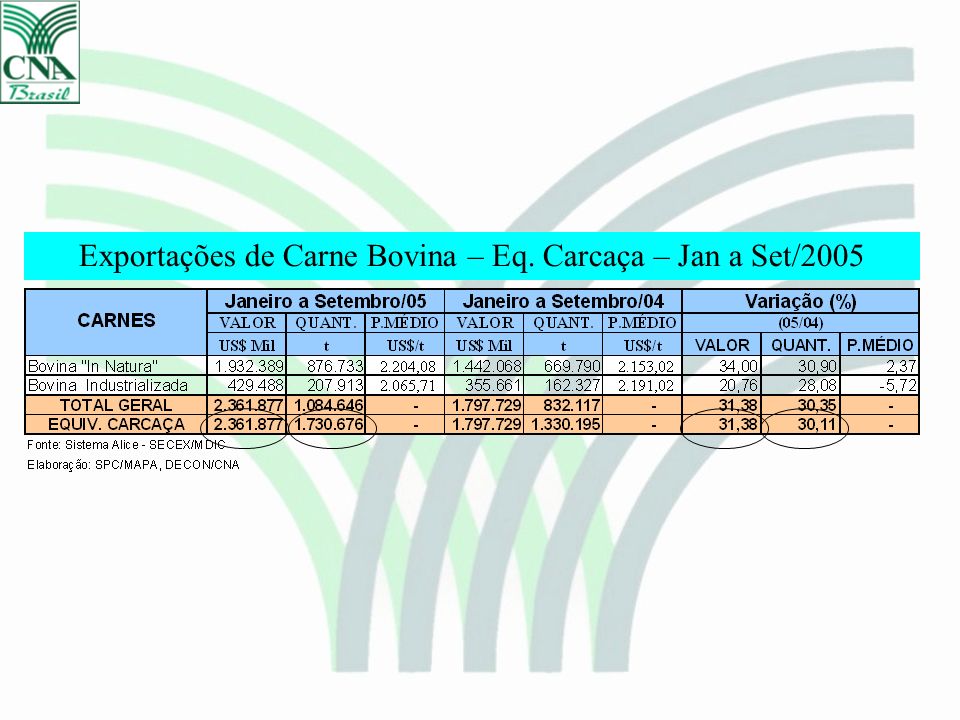 Exportações de Carne Bovina – Eq. Carcaça – Jan a Set/2005