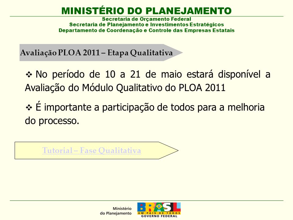 Avaliação PLOA 2011 – Etapa Qualitativa Tutorial – Fase Qualitativa