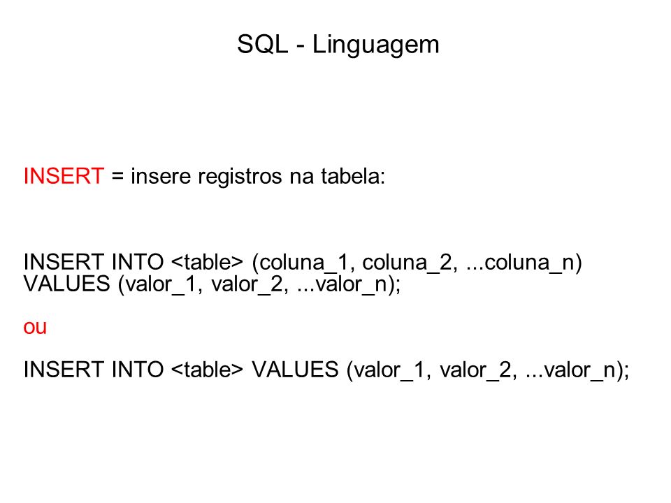 SQL - Linguagem INSERT = insere registros na tabela: